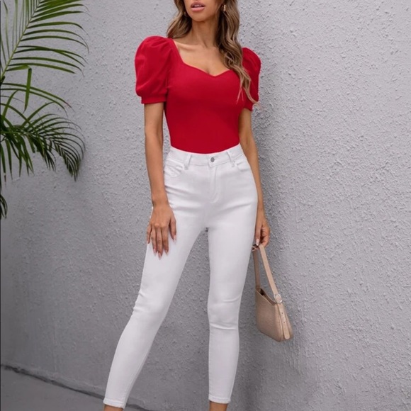 Red puff sleeve V neck blouse - Picture 5 of 5